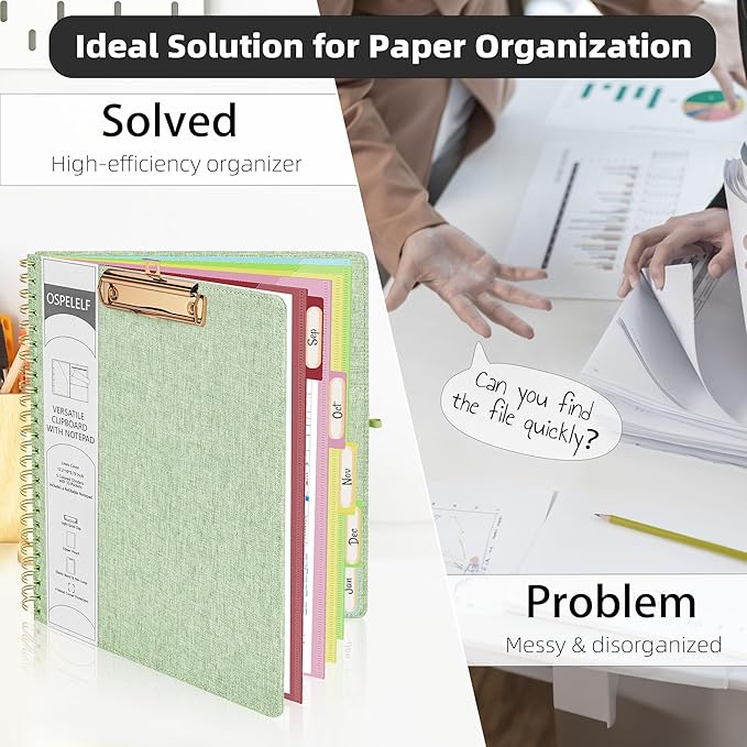 Ospelelf Green Foldable Spiral Clipboard Folio with Storage Zipper Pouch, 5 Plastic Folders with 10 Pockets, Refillable Lined Notepad (11" x 8.5"), Linen Hardcover Project Organizer