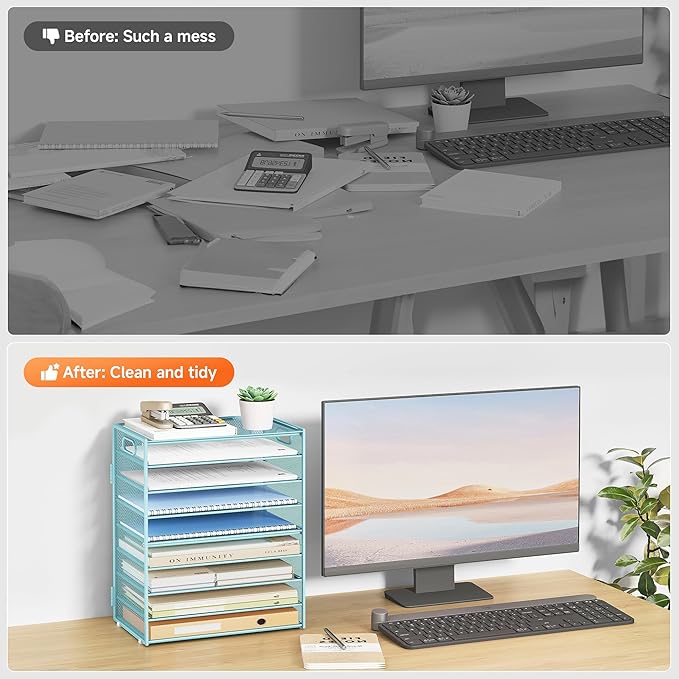Subekyu 9 Tier Paper Letter File Tray Organizer for Desk, Large Mesh Desk Folder Sorter Organizer with Handle, Include 6 Pcs Adjustable Height Slid Tray for Office Home School Supplies Storage, Blue
