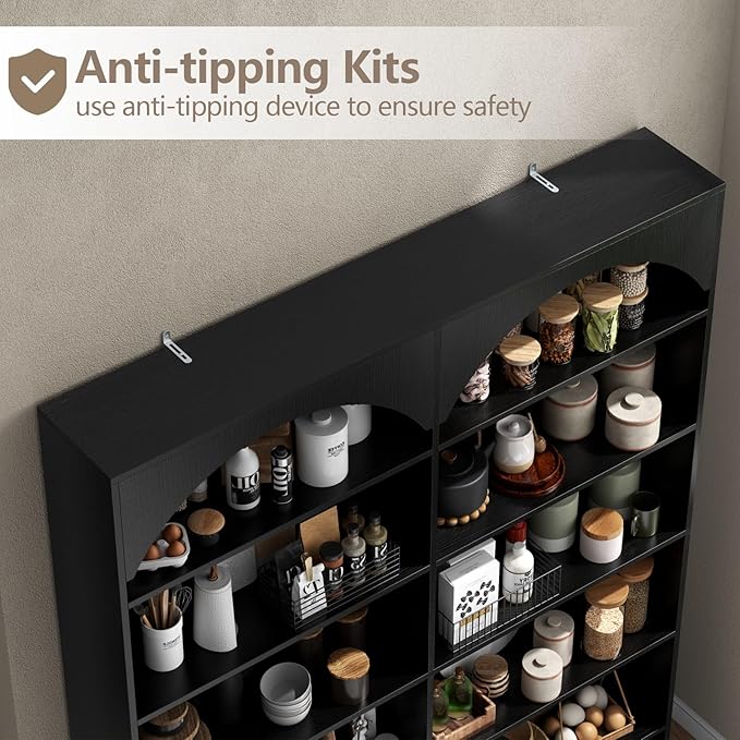 70.8’’ Tall Bookshelf and Bookcase of 2 pcs, 7-Tier Double Wide Bookcase Modern Large Open Display Shelves with Curved Baffle for Home Office Living Room (Black-2pcs)