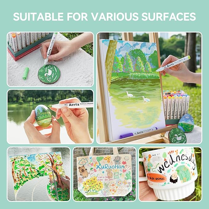 Arrtx 60 Colors Acrylic Paint Pens, Paint Markers Pens, for Artists Adults Coloring Drawing Scenery Landscape Natural- Brush Tip for Rock Painting, Wood, Canvas, DIY Crafts Making Art Supplies-60C