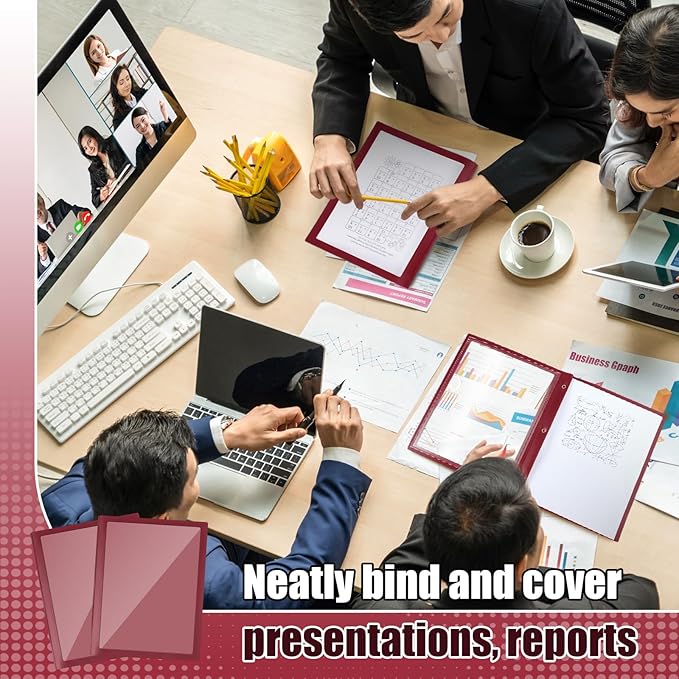 Teling 24 Pcs Report Covers with 3 Prong Fasteners Clear Front Presentation Folders Frame View Poly Report Folder Presentation Binder for Paper Document School Office (Dark Red)