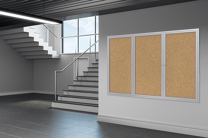 Ghent 48"x 96" 3-Door indoor Enclosed Bulletin Board, Shatter Resistant, with Lock, Satin Aluminum Frame - Natural Cork (PA34896K)-Made in USA