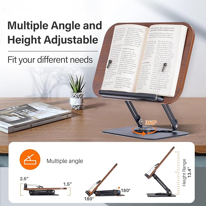 Book Stand for Reading, Adjustable Book Holder with 360° Rotating Base & Elastic Page Clips, Foldable Cookbook Stand for Office, Kitchen, School Textbook, Recipe, Magazine,Tablet