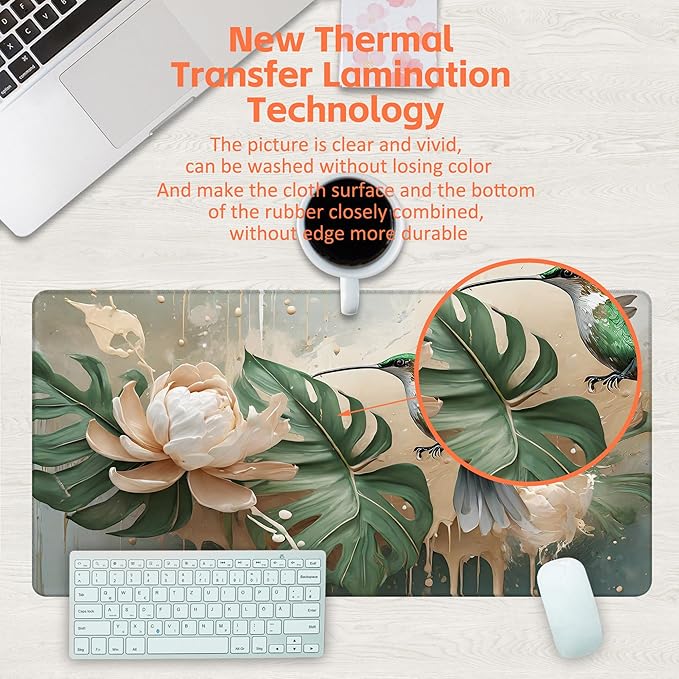 Desk Pad, Elegant Hummingbird Desk Mat, Oil Painting Flowers and Leaves Large Gaming Mouse Pad, 31.5"x15.7" Extended Big Computer Mouse Pad with Non-Slip Base and Stitched Edge