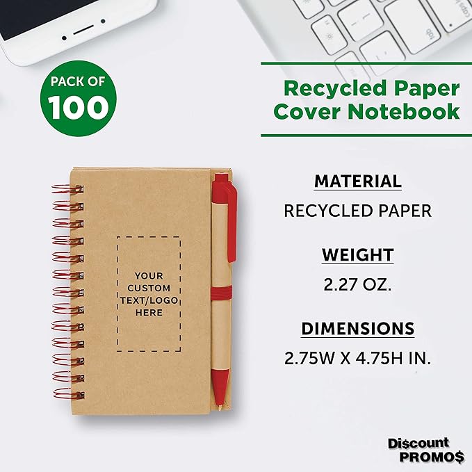 Custom Mini Spiral Notebooks with Black Ink Pens Set of 100, Personalized Bulk Pack - Perfect for School, Office, Business, Home - Red