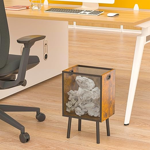 4.5 Gallon Office Trash Can for Near Desk, Wood Bedroom Trashcan Rectangular Wastebasket with Mesh - Handles - Leg, Small Garbage Can Trash Bin for Office Bedroom Living Room Bathroom Dorm