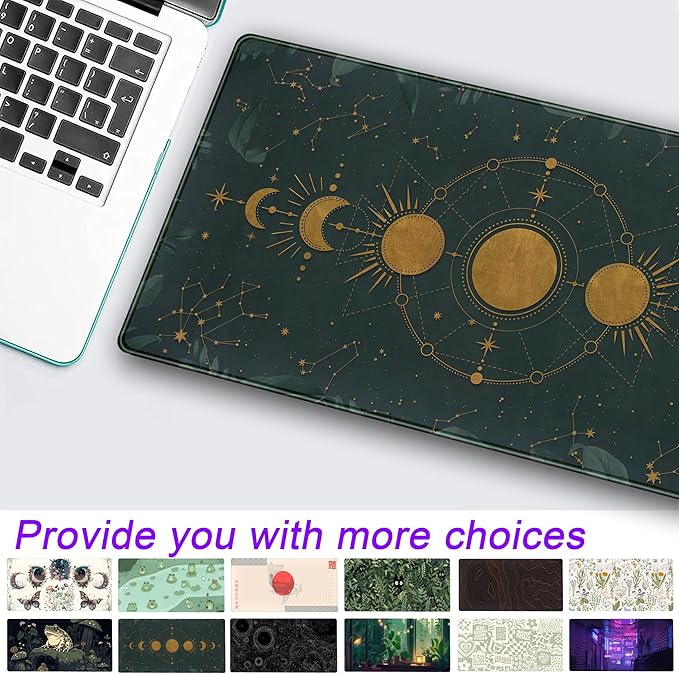 Dark Academia Mousepad Forest Green XXL Desk Mat Gold Moon Phases Large Extended Mouse Pad Gaming Laptop Keyboard and Mouse Mat Desk Pad, Non-Slip Rubber Base with Stitched Edges, 31.5x15.75 in