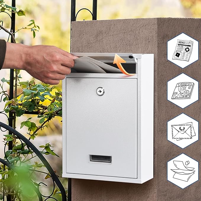 KYODOLED Key Lock MailBoxes for Outside, Locking Wall Mount Mailbox, Security Key Drop Box for Letters Newspapers, Cards, 12.4H x 8.54L x 3.35W Inches, White