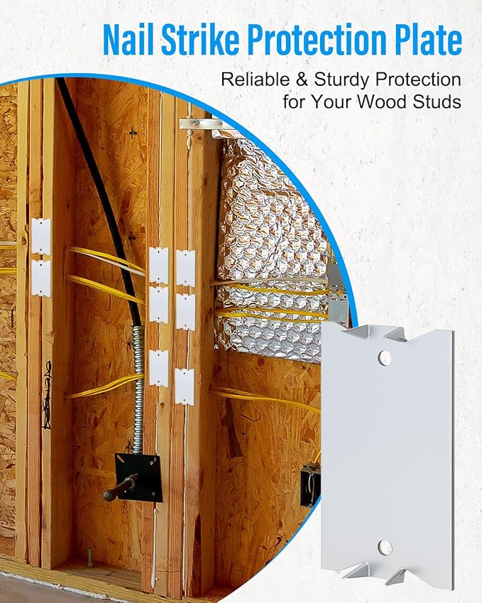 100 Pack Safety Nail Plates for Wood Studs, 2.5 x 1.5 Inch Cable Wire Protector, Metal Anti-Nail Protection with Sharp Pointed Prongs for Plumbing & Wiring Protection