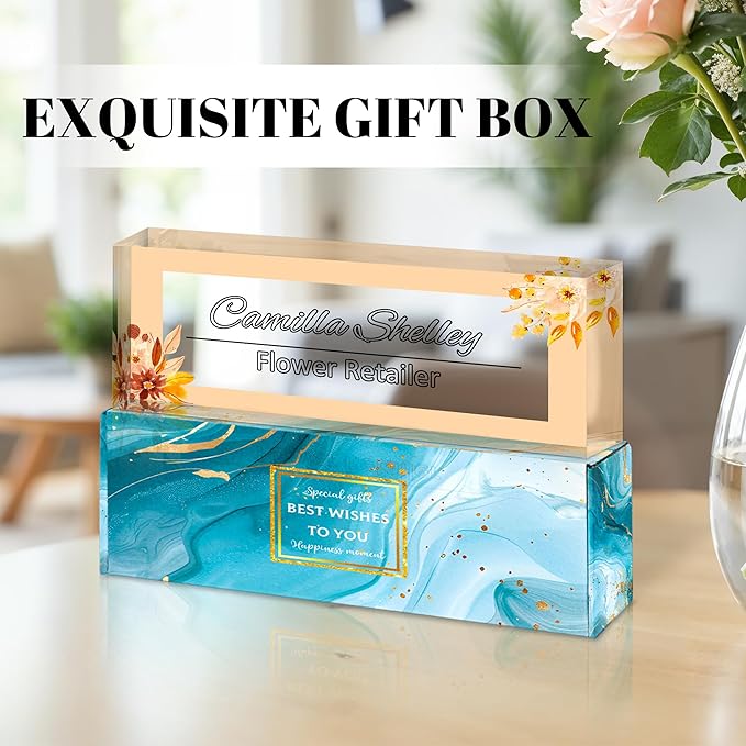 Ship Next Day Personalized Name Plate for Desk, Custom Acrylic Desk Name Sign, Office Appreciation Gifts for Women Men Coworkers Boss Teacher Employee (Yellow-Floral)