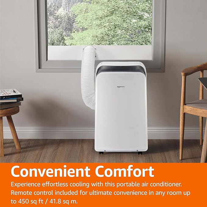 Amazon Basics 3-In-1 Portable Air Conditioner, 10000 BTU (ASHRAE), Cools Up to 450 Sqf, Portable AC with Cool/Dry (Dehumidifier)/Fan-Only Functions, Auto Mode, Sleep Mode, Timer, White