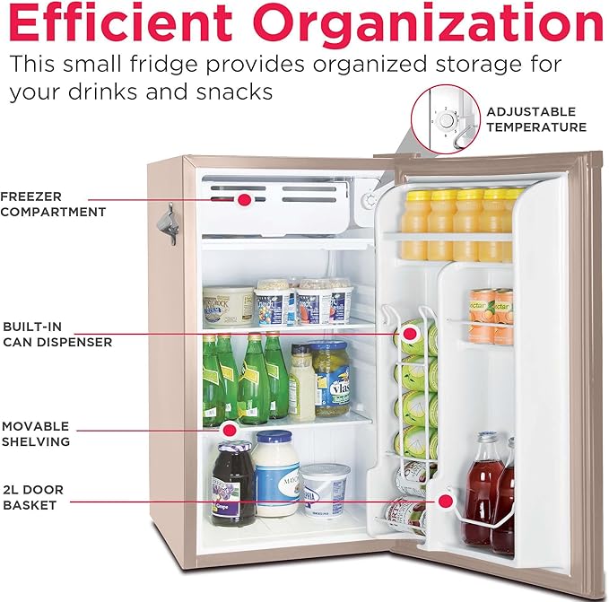 Frigidaire Retro Compact Fridge with Chiller, 3.2 cu ft Countertop Fridge with Built-In Bottle Opener, Compact Refrigerator for Office, Bedroom, Dorm Room or Cabin - 16.5" D x 19" W x 31" H (Coral)