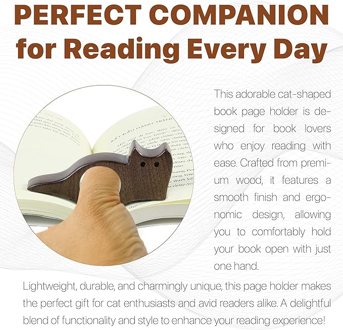 Cat Book Page Holder, Smooth Finish Walnut Wood Book Holder for Reading, Ideal Book Reader Gifts & Reading Accessories,Book Worm Gifts for Women, Thumb Book Page Holder - Book Lovers & Literary Gifts