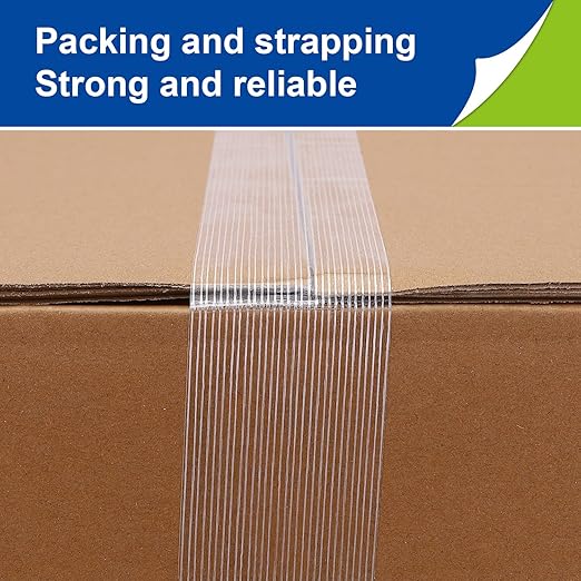 4 Pack Fiberglass Tape, Extra Thickness 6.3 mils and Super Sticky, Transparent Filament Reinforced Strapping Tape for Heavy Duty Packing, 2inch×27yds/Rolls