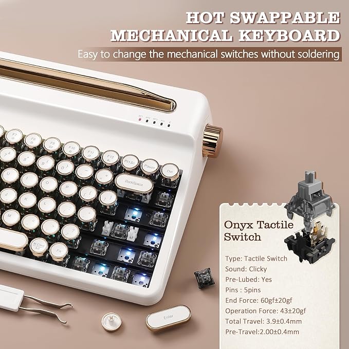 YUNZII QL75 Wireless Typewriter Hot Swap Retro Mechanical Keyboard,Punk Round Keycaps,RGB Backlit QMK/VIA Programmable, Multi-Device Keyboard with 2.4GHz/Type-C/BT5.0 (White, Onyx Switch)