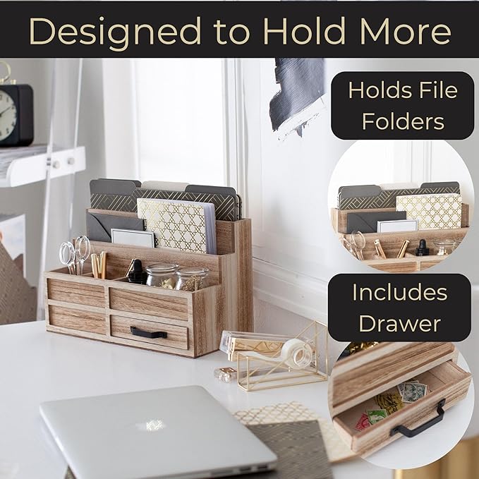 BLU MONACO Natural Wood Mail Organizer with Drawer & Pen Holder – Desk Organizer for Bills, Storage, Countertop & Kitchen