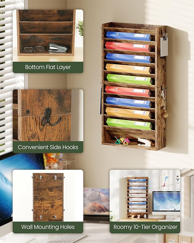 Wall File Organizer, 10-Tier Hanging Mail Organizer, Wall Mount File Holder with 4 Side Hooks, Mail and Storage Organizer, Wooden Vertical Hanging Holder for Office, Rustic Brown MWJ03FG