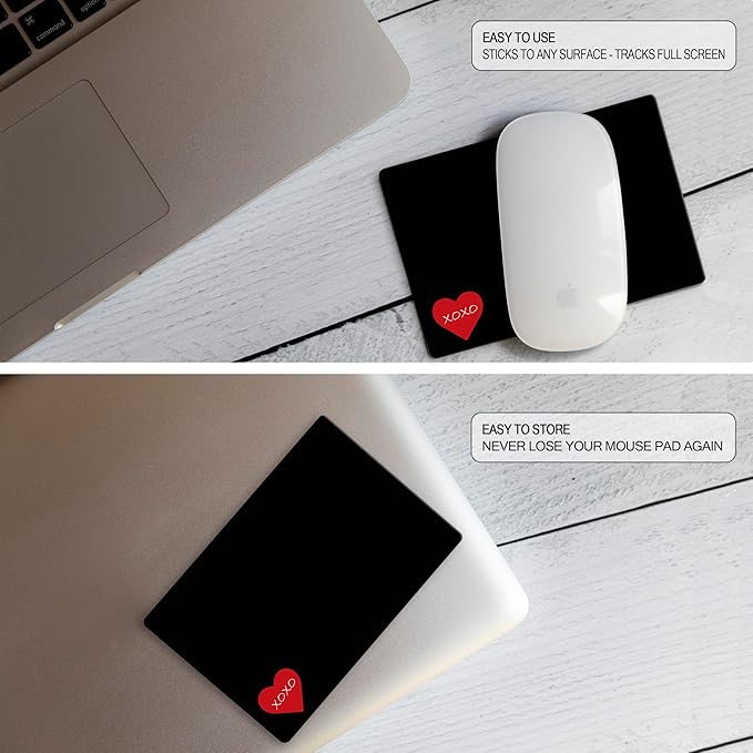 Mouse Pad Adhesive Bottom - Sticks to Any Surface - Portable - Webcam Covers and Screen Cleaner Included (Heart XOXO)