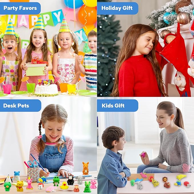 Animal Erasers for Kids, 45 Pcs Pencil Erasers Bulk Mini Animal Erasers Treasure Box Toys for Classroom Prizes School Supplies Party Favors