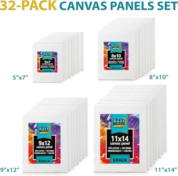 KEFF 32-Pack Bulk Canvas for Painting, 8 of 5x7, 8x10, 9x12, 11x14 Canvas Boards for Painting, Art Supplies for Adults & Kids - 100% Cotton Primed Painting Canvas for Acrylic, Oil, Watercolor, Tempera