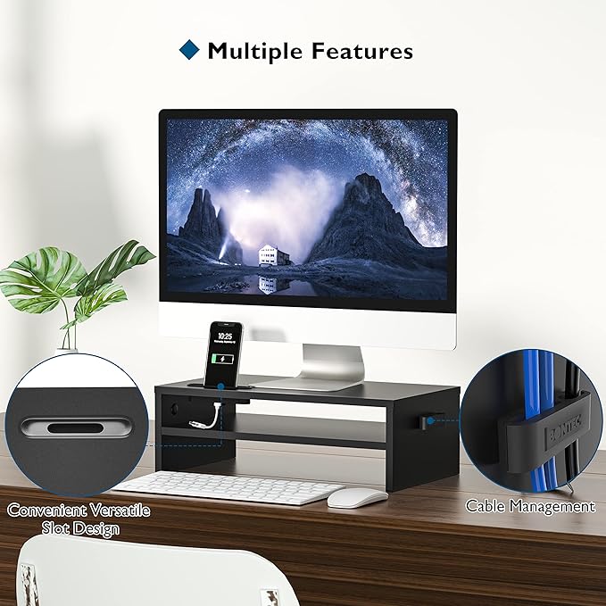 BONTEC Wooden Monitor Stand Riser, 2-Tier Desk Shelf with Storage Organizer, Ergonomic Computer Stand with Cable Management, Cellphone Holder, Black, 16.5 Inch