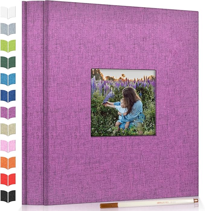 Photo Album Self Adhesive Scrapbook Album for 3x5 4x6 5x7 8x10 Pictures,40 Pages Linen Cover with Display Window DIY Photo Book,Ideal Gifts for Family Travel Wedding Baby