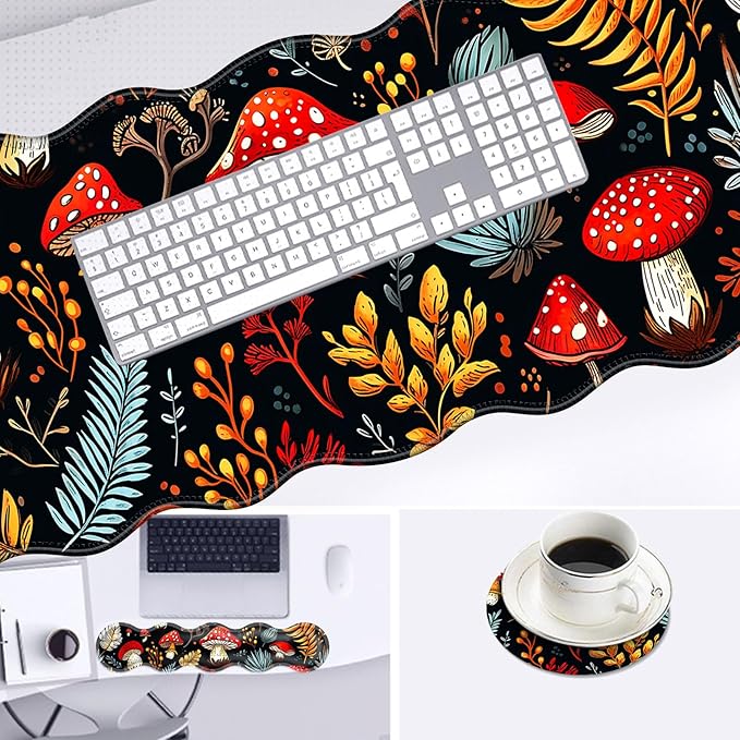 Large Mouse Pad and Keyboard Wrist Rest, Desk Pad for Keyboard and Mouse, 4-in-1 Large Gaming Mouse Pad with Wrist Support, Desk Mat for Home Office Study Game-Vibrant Mushroom and Plant