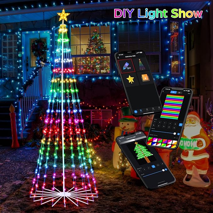9FT Smart Christmas Tree Lights with Ball Ornaments, App & Remote Control, 316 RGB Color Changing LED Cone Tree Lights, Music Sync, Custom Light Show, Waterproof Decoration for Xmas, New Year, Parties
