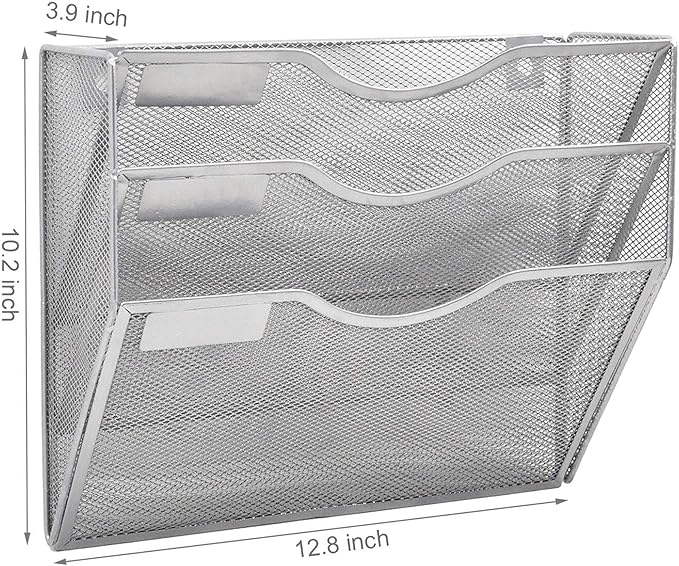 EASEPRES 3 Pocket Mesh Hanging Wall File Organizer, Wall Mounted Mail Paper Document Folder Holder, Clipboard Storage Organization Magazine Rack with Nametag Label for Office Home School, Silver