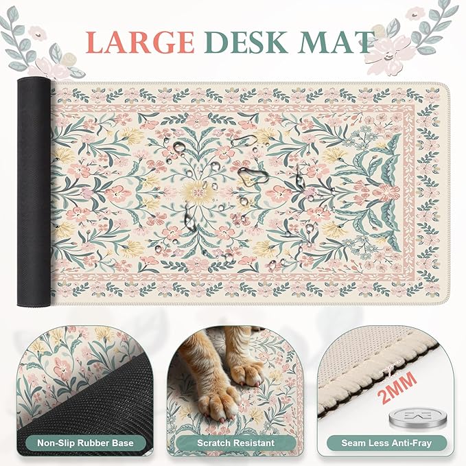 iLeadon Pink Desk Mat Set Cute, Non-Slip Mouse and Keyboard Pad Mat for Desk, Ergonomic Desk Mouse Pad Extra Large, Floral Teacher Desk Mat with Wrist Rest for Women Home Office