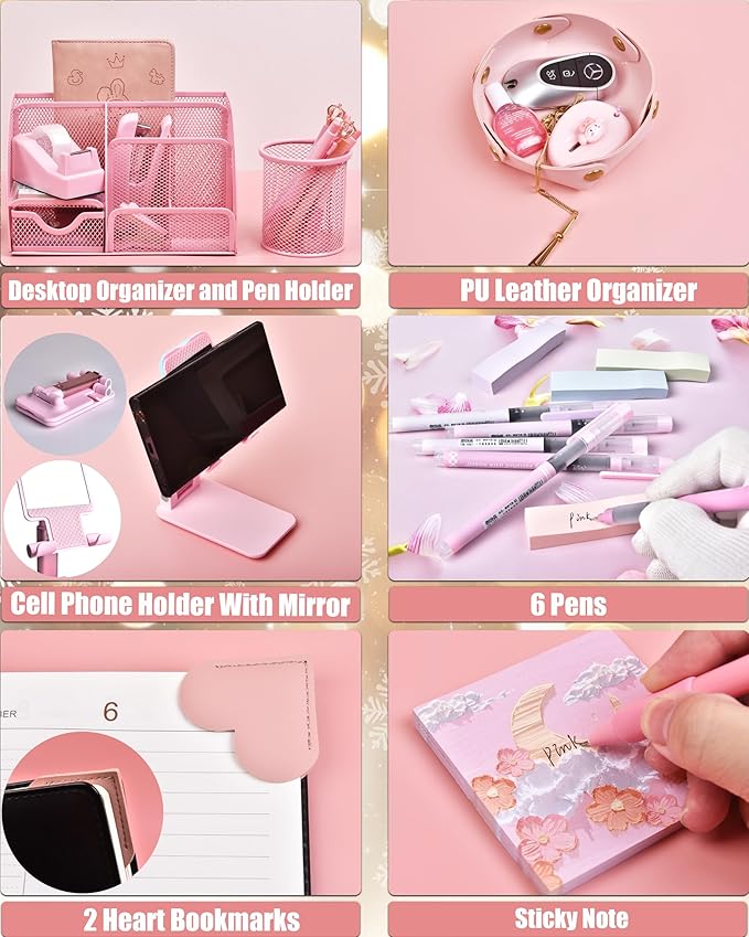 Pink Desk Accessories, 24Pcs Pink Office Supplies and Desk Organizers, with Tape Dispenser, Stapler, Staple Remover, Ect, Christmas Gifts