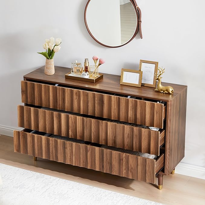 Fluted 6 Drawer Dresser, 53" Wide Modern Storage Chest of Drawers, Wood Drawer Organizer for Bedroom, Living Room, Hallway