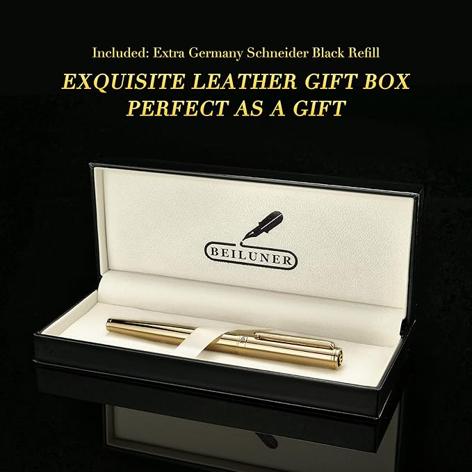 BEILUNER Luxury Gold Rollerball Pen, Stunning Pens with 24K Gold Finish, Noble and Elegant Designs,Schneider Ink Refill, Fancy Gift Set for Men & Women, Executive Writing, Office, Nice Graduation Gift