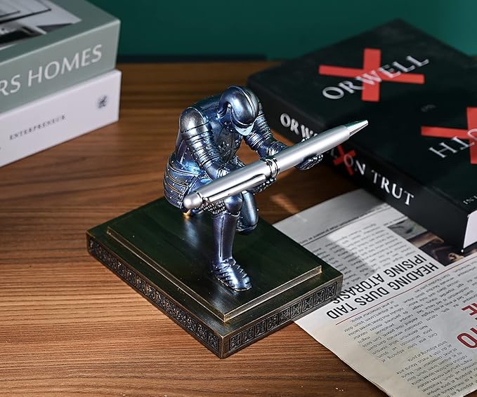 Knight Pen Holder Pen Stand Desk Organizers and Accessories Resin Pencil Holder as Gift with a Fancy Pen for Office and Home Desk Organizer (Blue)