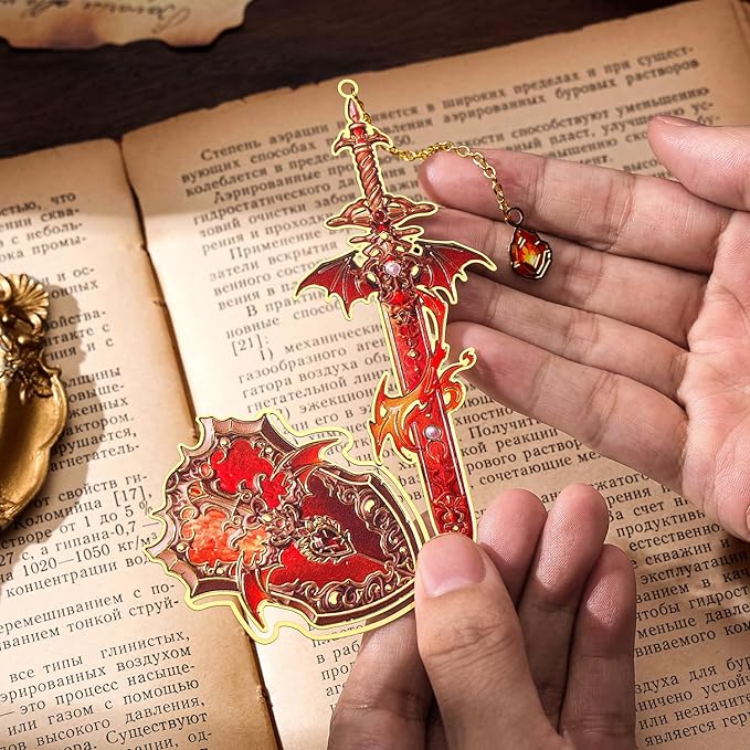 Dragon Knight Metal Bookmark & Book Clip Set - Sword Book Mark with Pendant & Shield Page Marker Clip - Fire Red Fantasy Gift for Men, Women, Kids, Readers, Book Lovers, RPG Gamers | Hymn to Heroes