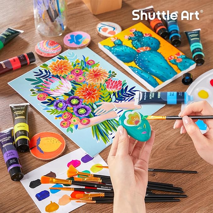Shuttle Art 48 Pack Acrylic Paint Set, 30 Colors Acrylic Paint (36ml) with 10 Brushes 5 Canvas 1 Paint Knife 1 Palette 1 Art Sponge, Complete Set for Kids, Adults Painting on Canvas Rocks Wood Ceramic