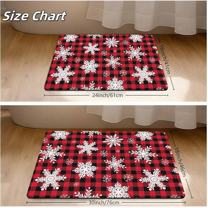 Merry Christmas Snowflakes Red Plaid Door Mat, Christmas Buffalo Plaid Doormat with Non-Slip Backing Front Porch Rug Welcome Mats for Home Indoor Outdoor, 18" x 30"Inch
