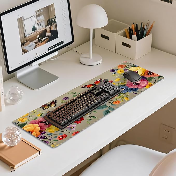 31.5”x11.8”Large Gaming Mouse Pad for Desk, Mouse Mat with Seamed Edges, Waterproof Desk Pad, Non-Slip Rubber Base, Keyboard Pad Computer Mat, Big XL Mousepad-Boho Floral with Butterflies