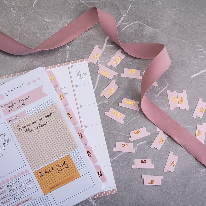 DiverseBee Gold Foil Planner 24 Peel and Stick Laminated Tabs for Notebooks, Calendar Tab Stickers and Monthly Dividers (Seasalt)