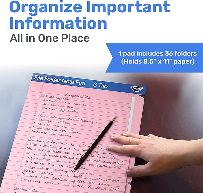 Find It File Folder Notepad - Pack of 36-9.5 x 12.5 Inch Notebook Organizer Folders for Filing, Document, and Clipboard Organization - Pink