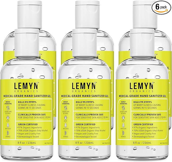 Medical Grade Hand Sanitizer Gel - 97% ORGANIC - 8 FL.OZ. Flip-Top (PACK OF 6)