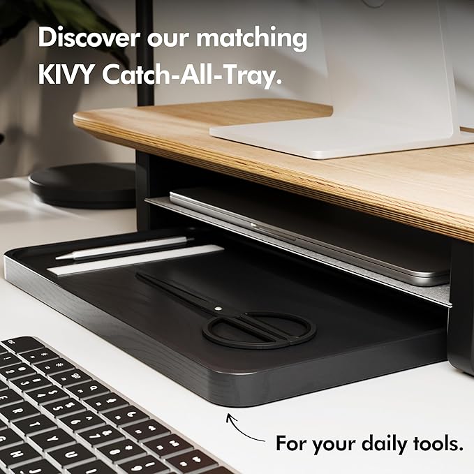 KIVY Dual Monitor Riser With Integrated Metal Shelf [MADE BY HAND] - Wooden Desk Shelf for 2 Monitors - Wide Long Stand for Desk (44 x10x3in - Black)