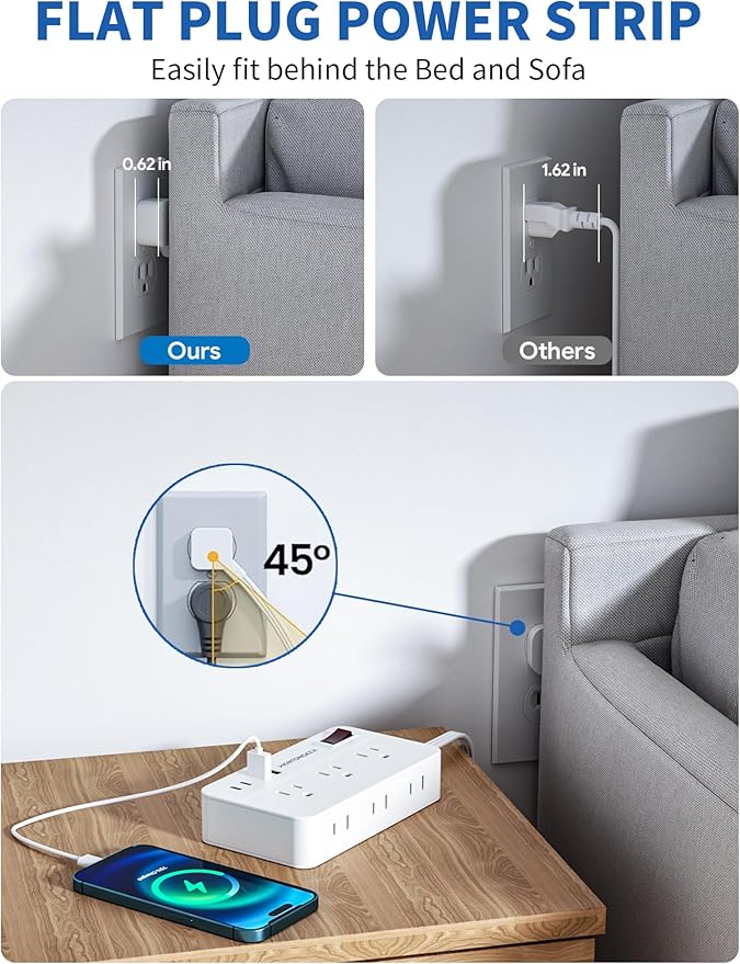 Surge Protector Power Strip - 5Ft Braided Extension Cord Flat Plug with 6 Outlets and 2 USB-A 2 USB-C Ports, 1080 Joules Wall Mounted Charging Station for Office Home ETL (10 FT)