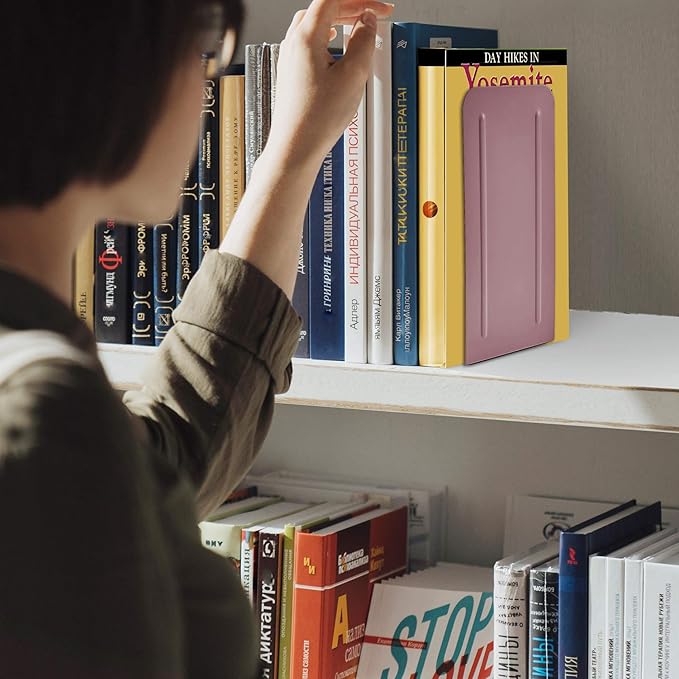 Acrimet Metal Bookends, Jumbo Size 9" H x 4" W x 4-1/2" D, Non-Skid Book Stand for Shelves, Heavy Duty Book Stopper, Pink, 1 Pair