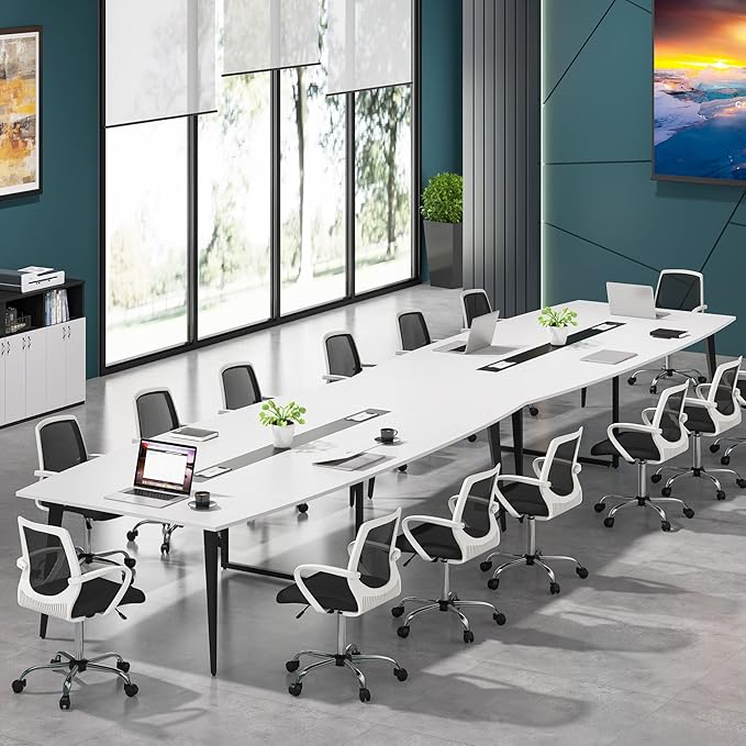 Tribesigns 8FT Conference Table, 94.48L x 47.21W x 29.52H Inches Boat Shaped Meeting Table with Rectangle Grommet, Modern Seminar Table for Office Meeting Conference Room (White & Black, 8ft)