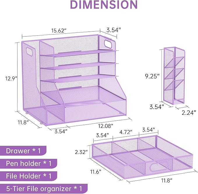 SUPEASY Desk Organizer with File Holder, 5-Tier Mesh Paper Letter Tray Organizer with Pen Holder and Drawer, Desktop Organizer and Storage with 3 Tilted File Sorter for Office Supplies, Purple