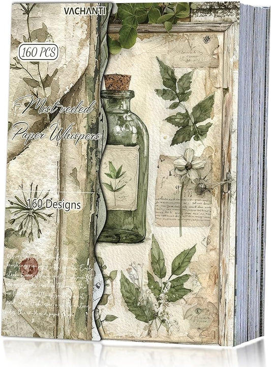 160 Sheets Vintage Flower Scrapbook Paper Green Collage Flowers No Repeating Patterns Perfect for Junk Journal DIY Cards Craft Albums Scrapbooking Supplies (Green, 3.9 x 5.5 inches)