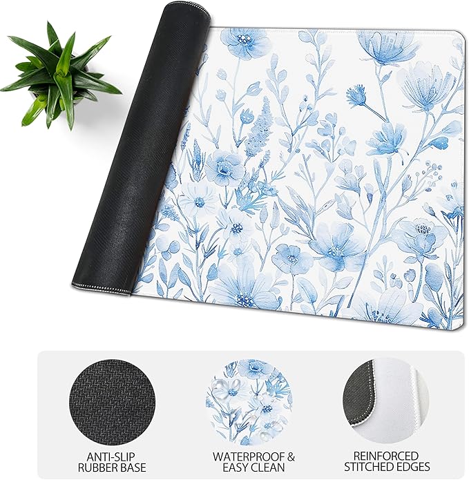31.5”x11.8”Large Gaming Mouse Pad for Desk, Mouse Mat with Seamed Edges, Waterproof Desk Pad, Non-Slip Rubber Base, Keyboard Pad Computer Mat, Big XL Mousepad- Blue and White Flower