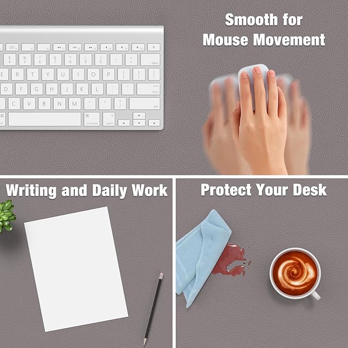 Hsurbtra Desk Pad, 23.6" x 13.8" PU Leather Desk Mat, M Extended Mouse Pad, Waterproof Desktop Blotter Protector, Non-Slip Ultra Thin Small Laptop Keyboard Writing Mat for Office Home, Light Gray