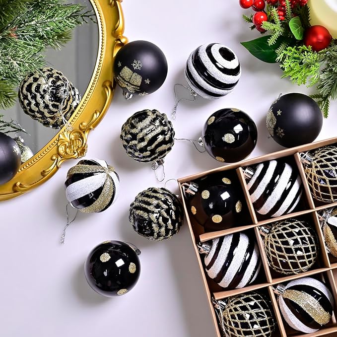 Christmas Tree Ball Ornaments 20ct Set, 2.36 Inch Black Gold White Classic Christmas Decorations, Shatterproof Hanging Ornaments for Xmas Holiday Decoration